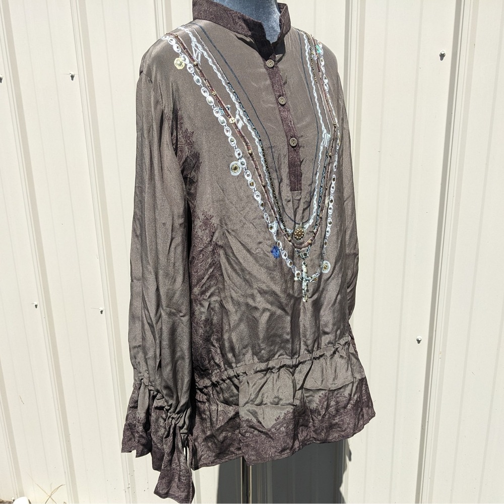 Camilla Embellished Silk Tunic Blouse L Gothic Studded Beaded Rosary Cross FLAW - Picture 10 of 16